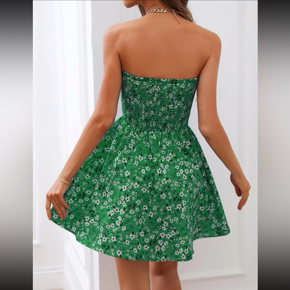 Women's Dress Ditsy Floral Shirred Frilled Backless Tube Summer Dress